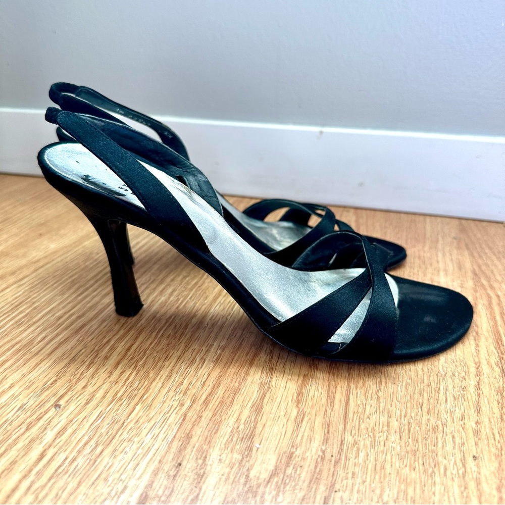 Stuart Weitzman Black Satin Open Toe Slingback Heels Size 7.5